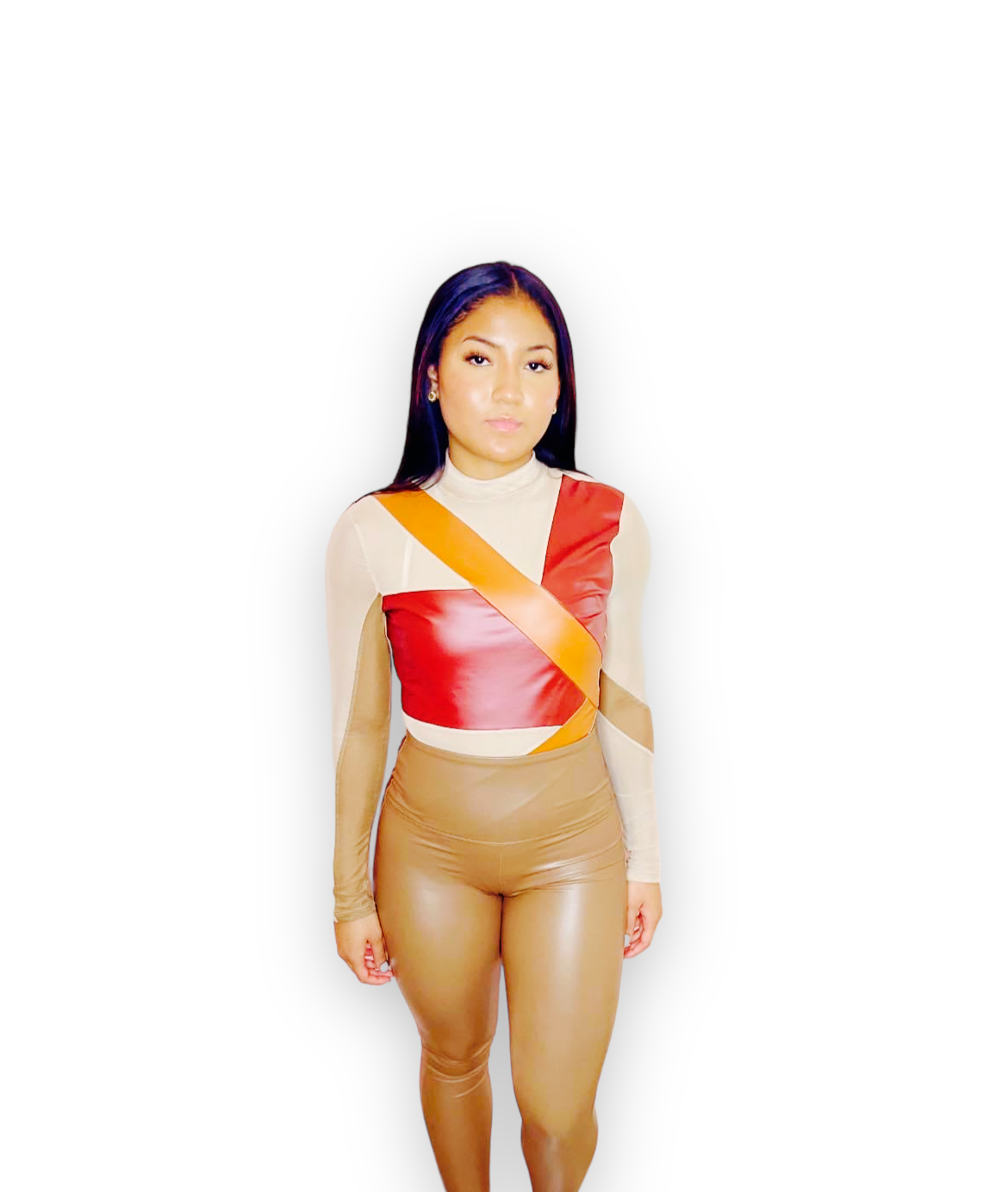 Matte PU Color Blocked Mesh Bodysuit