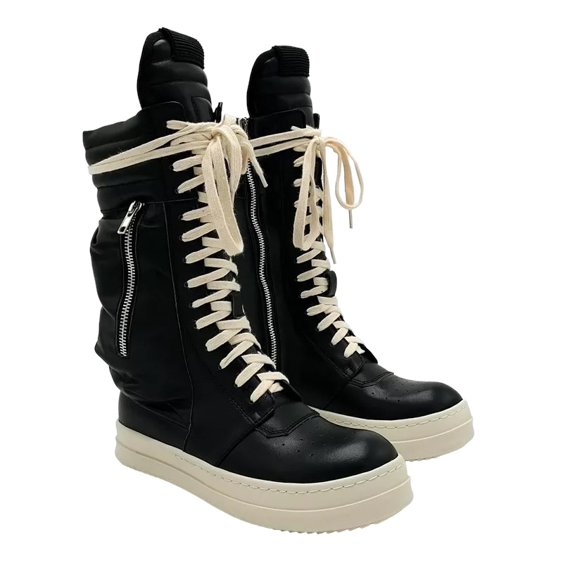 Black high top casual leather flat shoes women