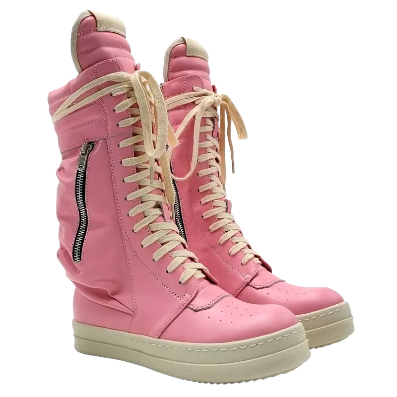 Pink high top casual leather flat shoes women