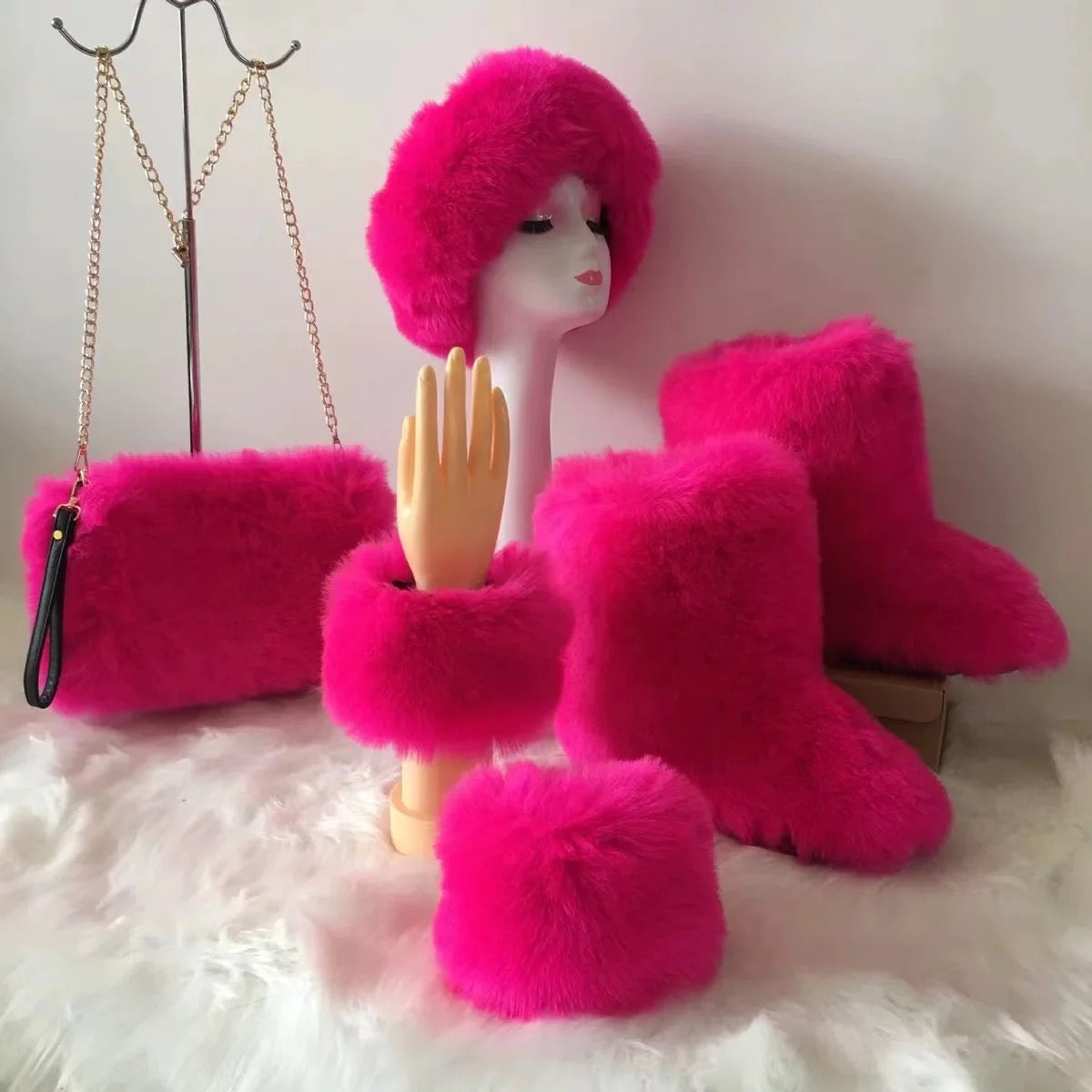 Women faux fox fur boots with matching fur purse ,headband and cuffs