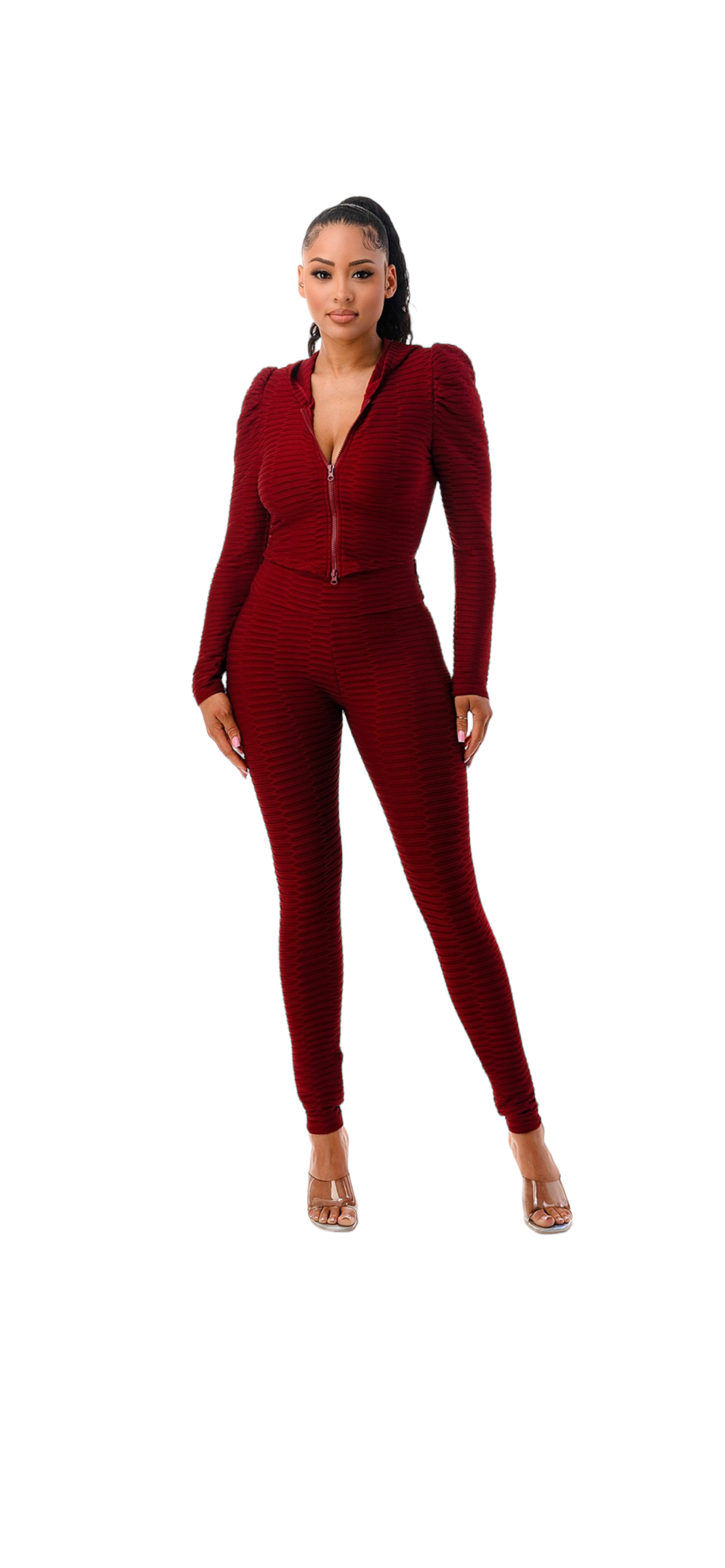 BURGUNDY ZIP UP HOODIE JACKET LEGGINGS SET