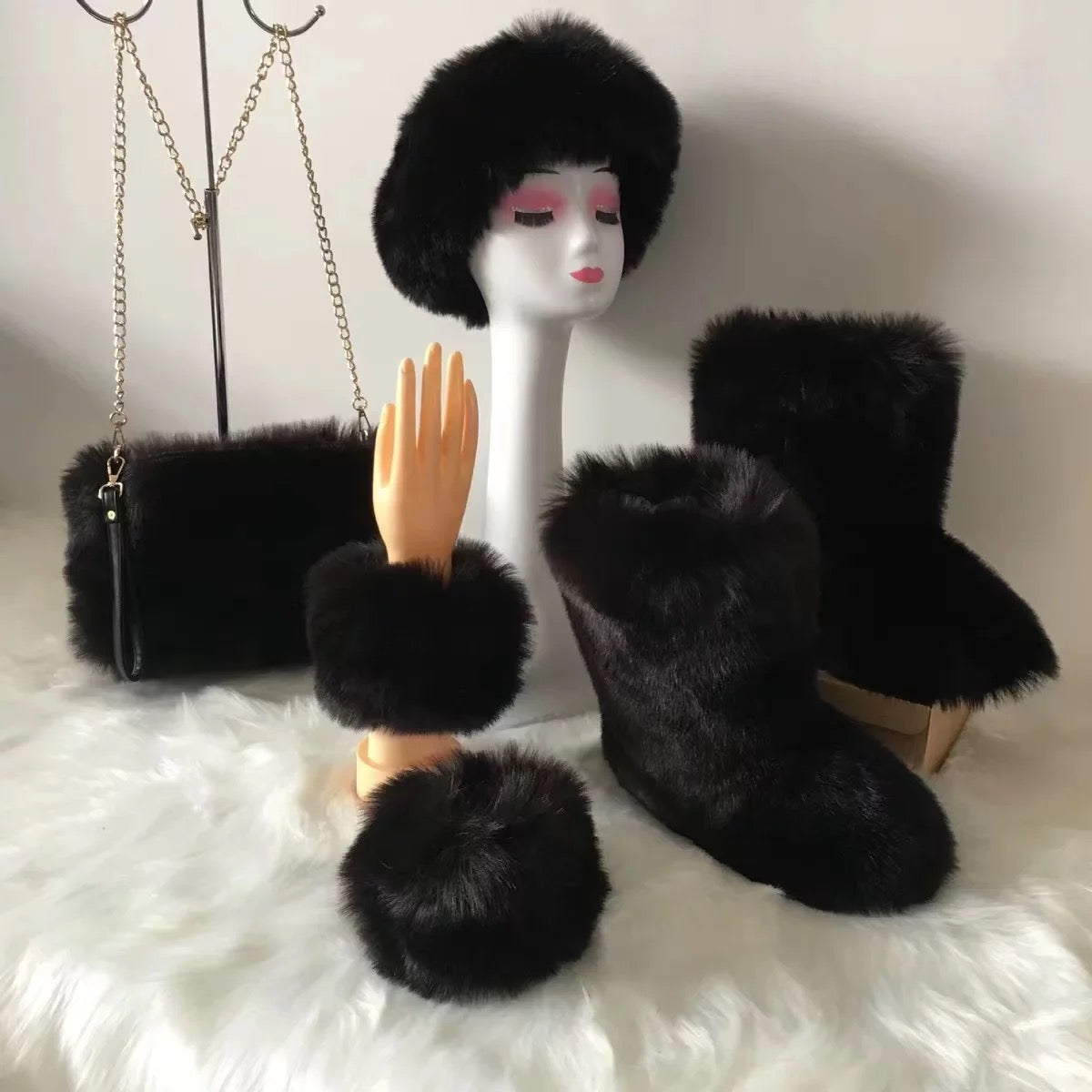 Women faux fox fur boots with matching fur purse ,headband and cuffs