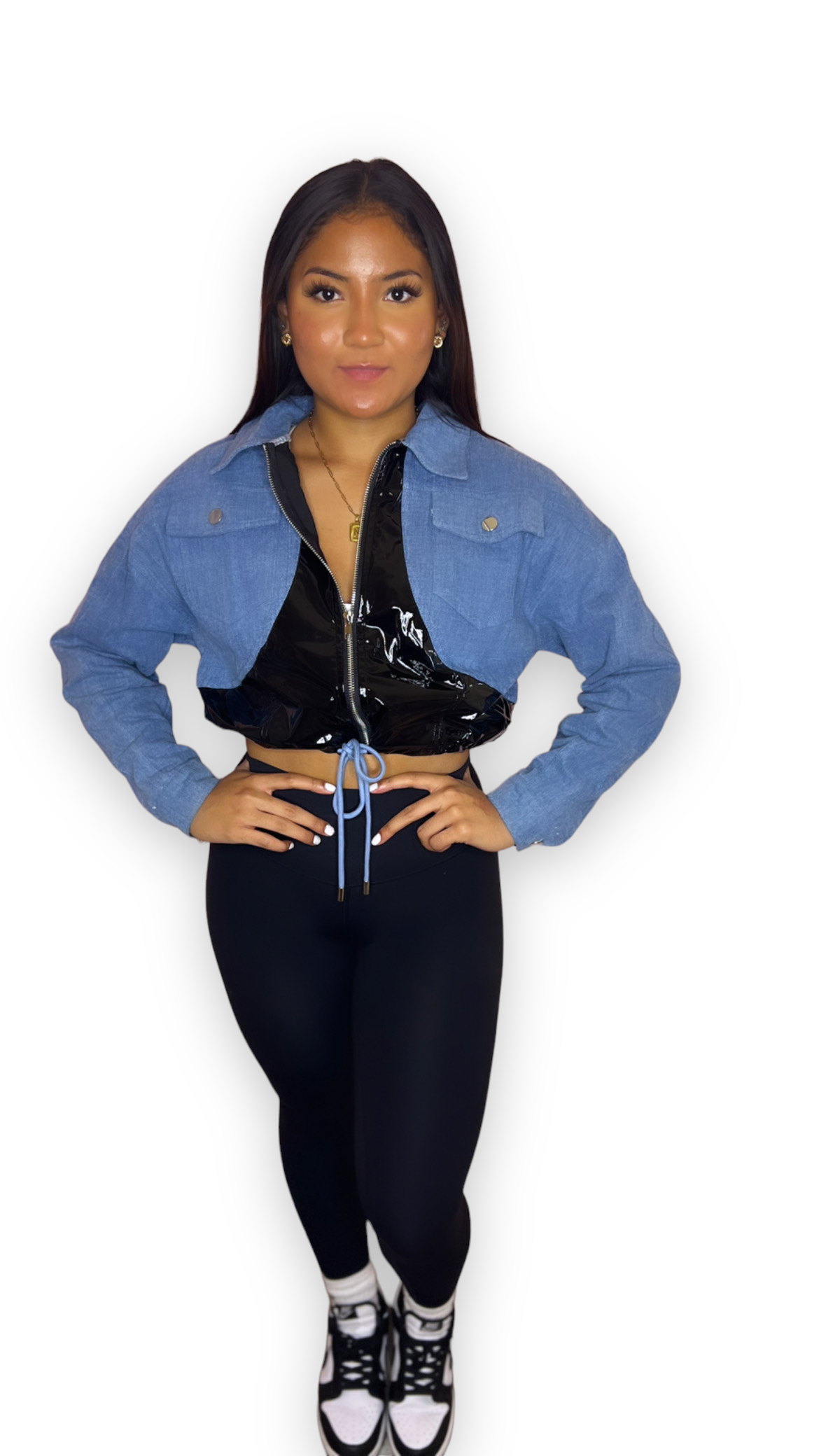 Shiny Latex Zip Up Denim Jacket