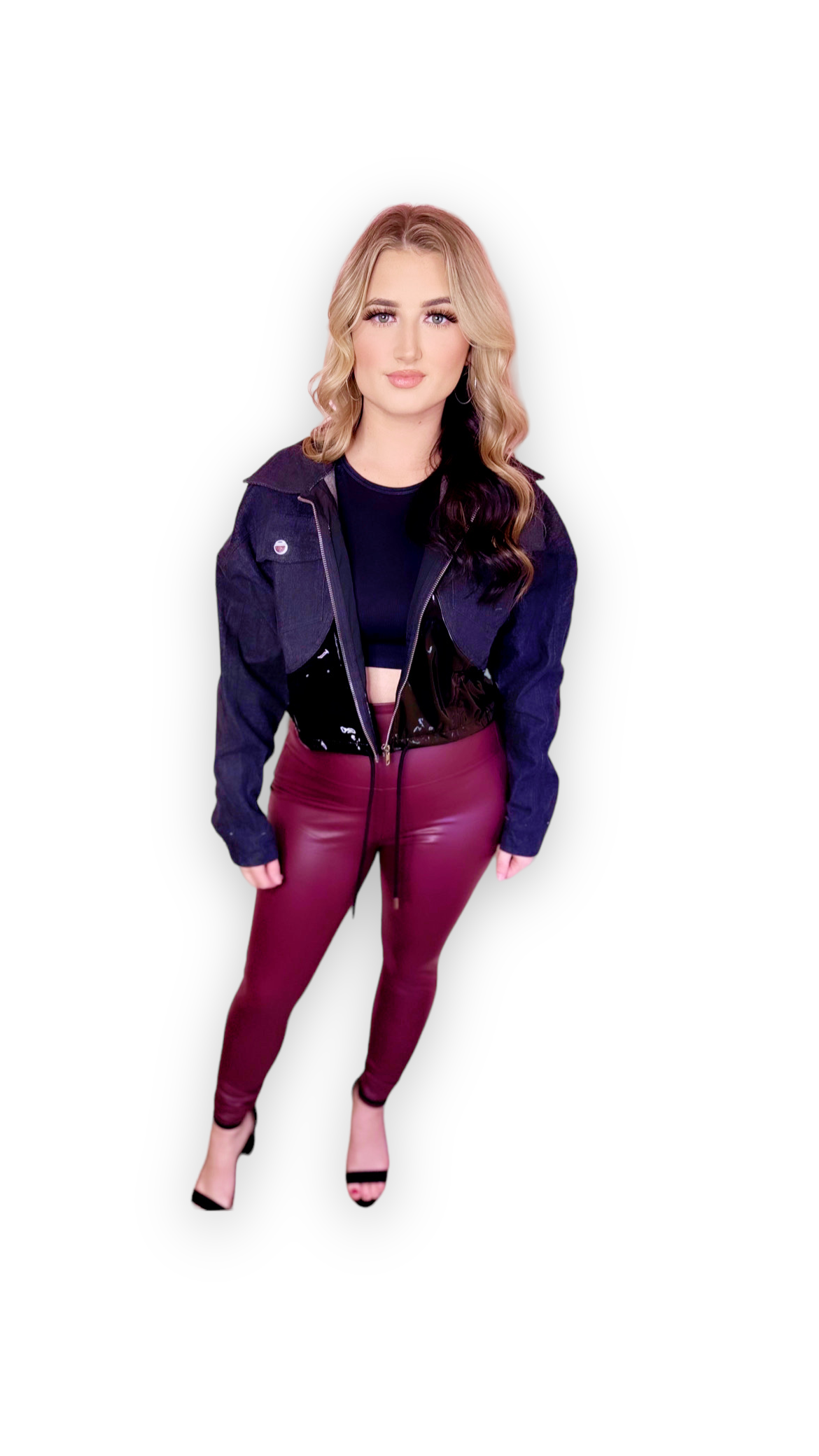 Shiny Latex Zip Up Dark Denim Jacket