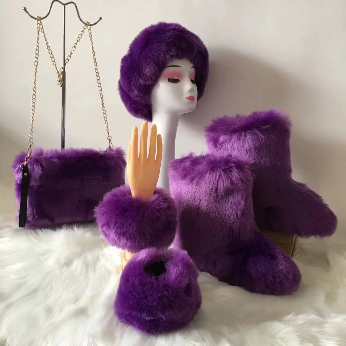 Women faux fox fur boots with matching fur purse ,headband and cuffs