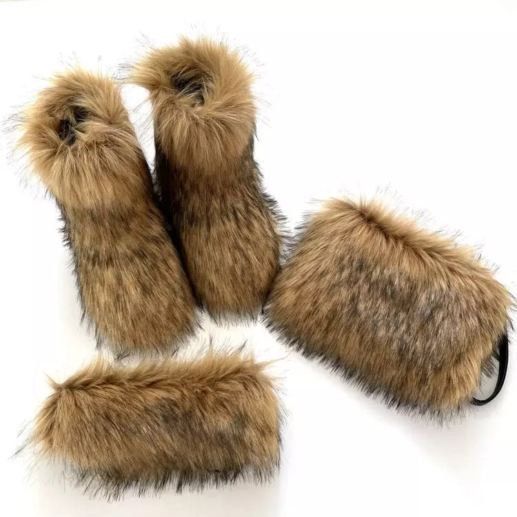 Brown Women faux fox fur boots with matching fur purse headband and cuffs